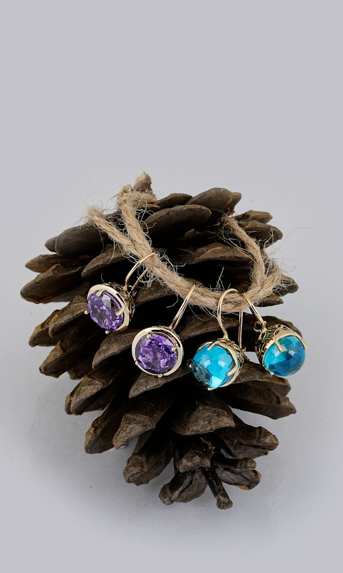 Elegant gemstone earrings in blue and purple displayed on a pine cone with rustic twine.